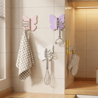 SENRTY 4 Móc Treo Tường Bướm Xoay, Móc Ba Bướm Trang Trí Treo Tường, Tiết Kiệm Không Gian Sáng Tạo Móc Góc Nhựa Tự Dính Phòng Tắm