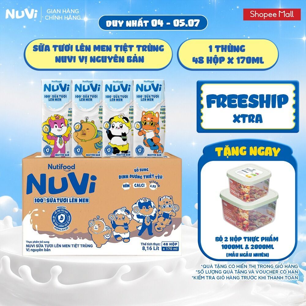 [KHÔNG CÓ THẺ] Thùng 48 Hộp Sữa Tươi Lên Men Tiệt Trùng Nuvi vị Nguyên Bản 170ml