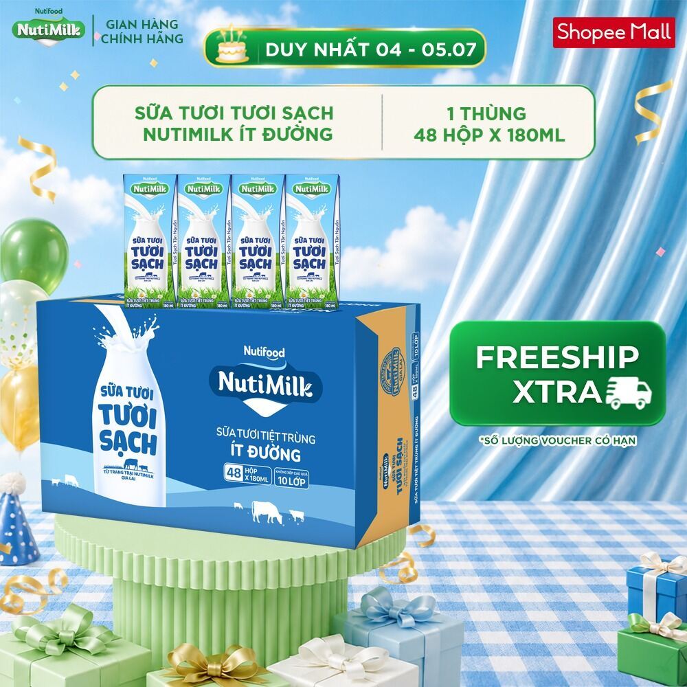 Thùng 48 Hộp Sữa Tươi Tươi Sạch NutiMilk Ít Đường 180ml