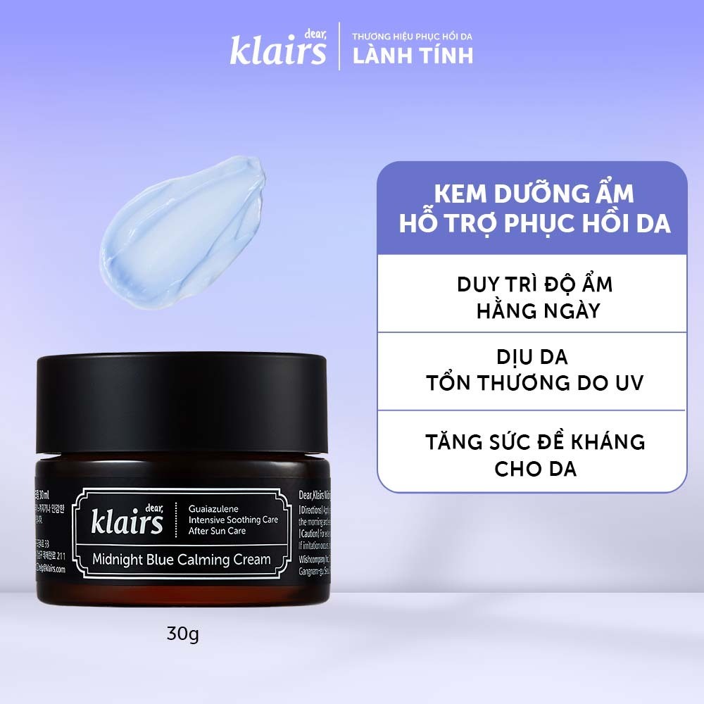 Kem dưỡng da Dear, Klairs Midnight Blue Calming Cream hỗ trợ cấp ẩm và phục hồi cho da 30g [FS]