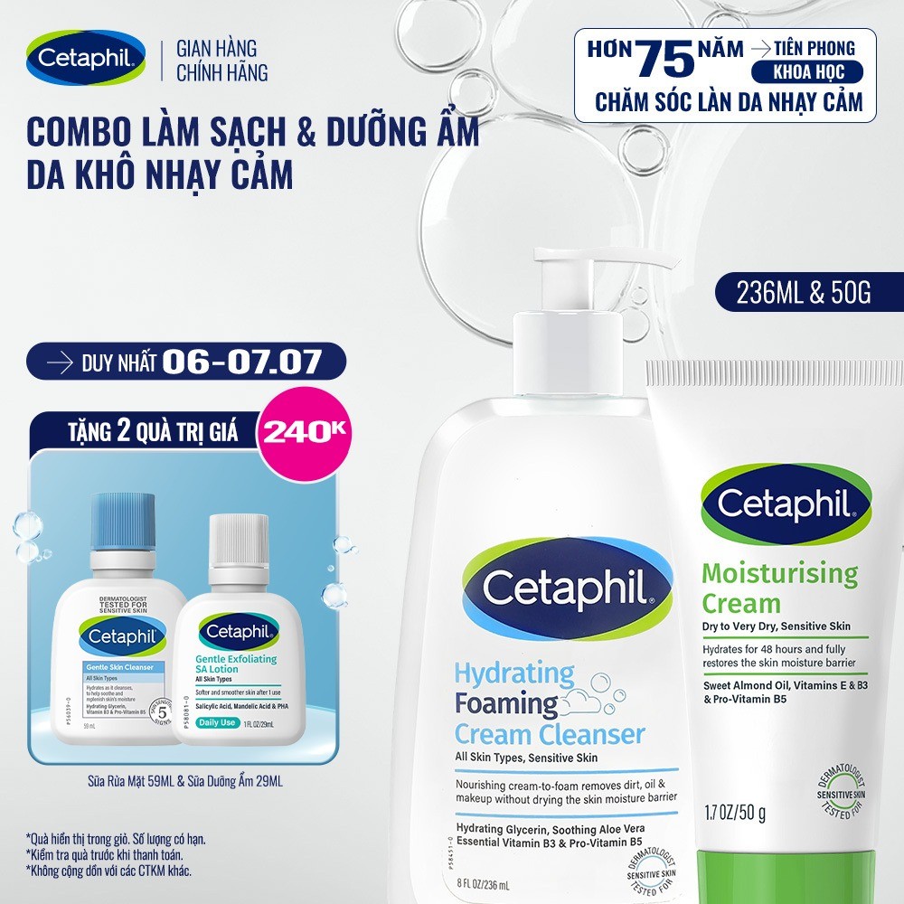 Combo Sữa Rửa Mặt Tạo Bọt Cetaphil Hydrating Foaming Cream Cleanser 236ml + Kem dưỡng ẩm CETAPHIL MOISTURISING CREAM 50G