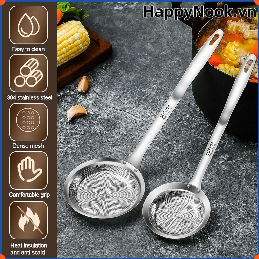 HAPPYNOOK Oil Dregs Câu cá, Thìa nhào nhào bằng thép không gỉ 304, Thiết kế lỗ treo bền Máy lọc thực phẩm chiên Lưới mịn thìa lọc Dụng cụ tiện ích nhà bếp