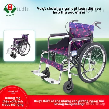 Xe lăn Xe lăn dành cho người già, có thể gấp gọn, nhẹ, có lốp bơm hơi, bánh xe lớn giảm xóc, chống trượt, xe lăn di động