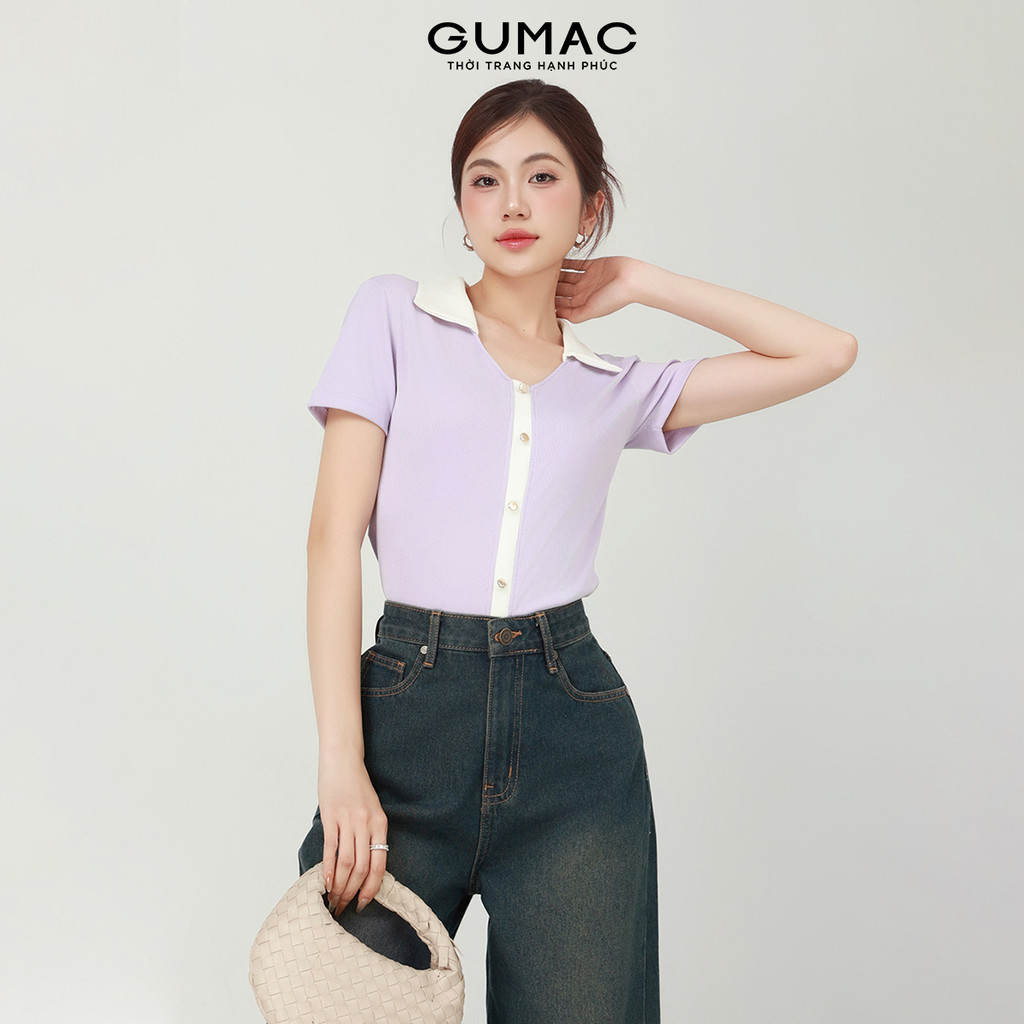 Áo Thun Polo Nữ GUMAC Form Slim Tay Ngắn Kiểu Cổ Tim Lá Cổ Phối Màu Trẻ Trung PLF03026