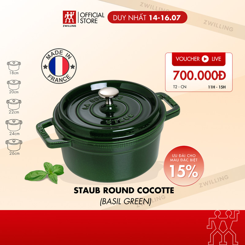 Nồi gang tráng men STAUB La Cocotte màu xanh Basil dáng tròn 20cm