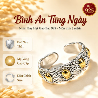 Nhẫn may mắn bảy hạt gạo 925 bạc mạ quà tặng điều chỉnh được nhẫn phong thủy vận tài lộc mở rộng dễ đeo cho nam nữ
