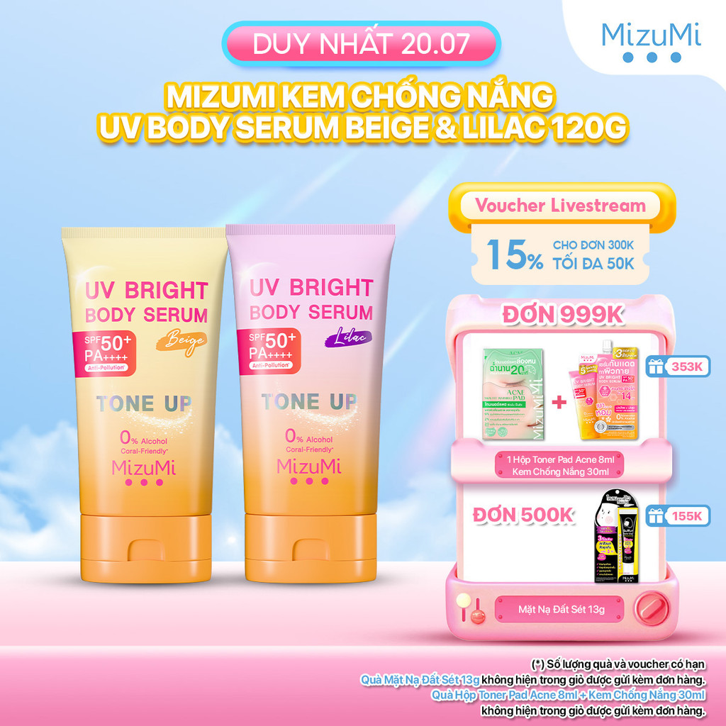 Kem chống nắng nâng tone MizuMi UV Bright Body Serum Tone Up Beige/ Lilac 120 ml