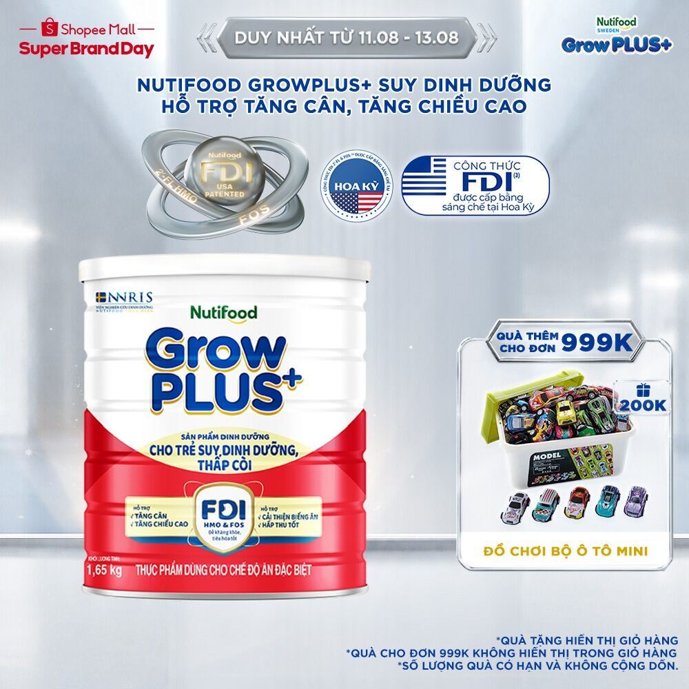 Sữa bột Nutifood GrowPLUS+ Suy Dinh Dưỡng (Đỏ) 1+ - Tăng Cân, Tăng Chiều Cao (Lon 1,65 Kg)