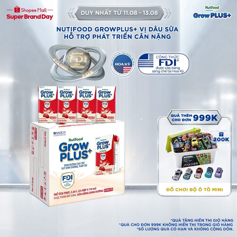 Thùng 24 hộp Sữa bột pha sẵn Nutifood GrowPLUS+ Vị Dâu hộp 110ml - Trên 1 tuổi (24 hộp x 110ml)