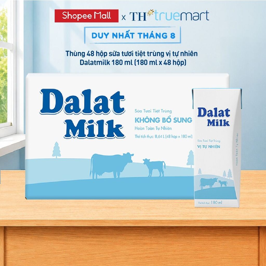 Thùng 48 hộp sữa tươi tiệt trùng Dalatmilk vị tự nhiên 180 ml (180 ml x 48)