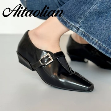 (Size 34-40) Da Thật Chính Hãng 3cm Brogue Khắc Poninted Giày Nữ Giày Đế Bằng Giày Cao Gót Nữ Giày Cao Gót Phong Cách Anh Quốc Giày Retro Nữ Giày Đen Nóng