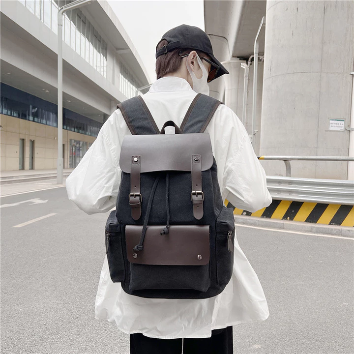 Ba lô vải canvas, túi đựng laptop, ba lô du lịch có dây rút cá tính và phong cách, ba lô nắp gập, ba lô cổ điển dành cho nam – 2