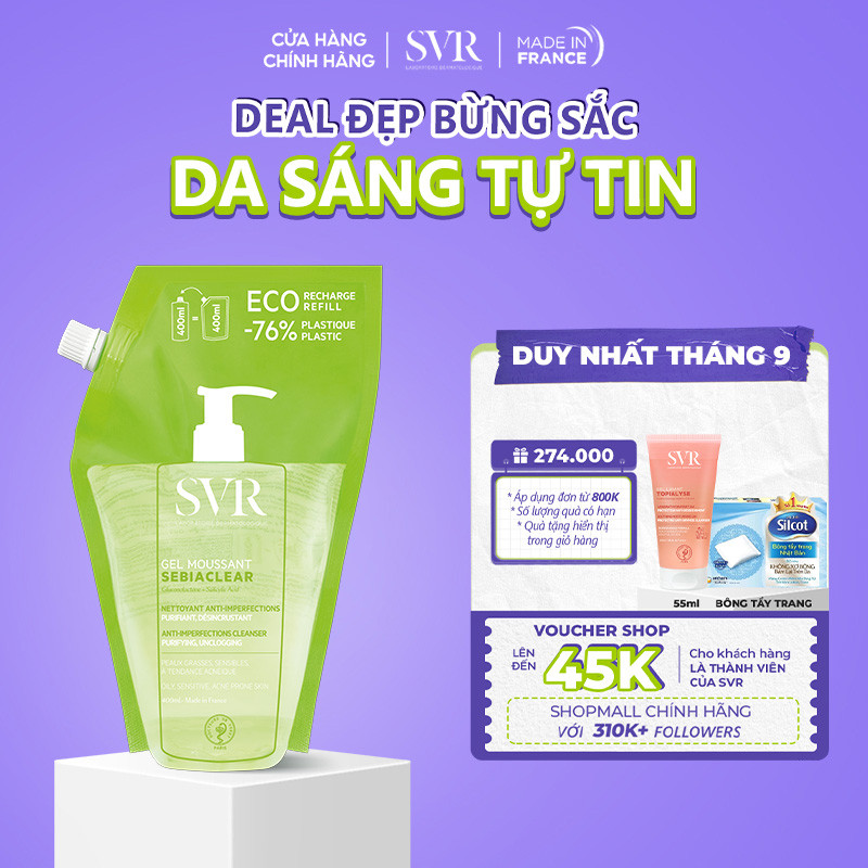 Gel rửa mặt cho da dầu mụn, không chứa xà phòng SVR Sebiaclear Gel Moussant Refill 400ML