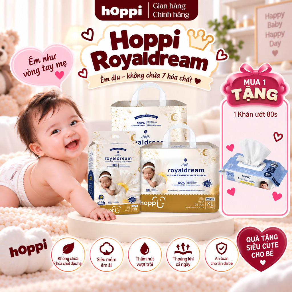 [ DEAL HOT ] Bỉm - Tã Hoppi RoyalDream cao cấp, thấm hút 14 giờ, an toàn cho bé (đủ các size cho bé)