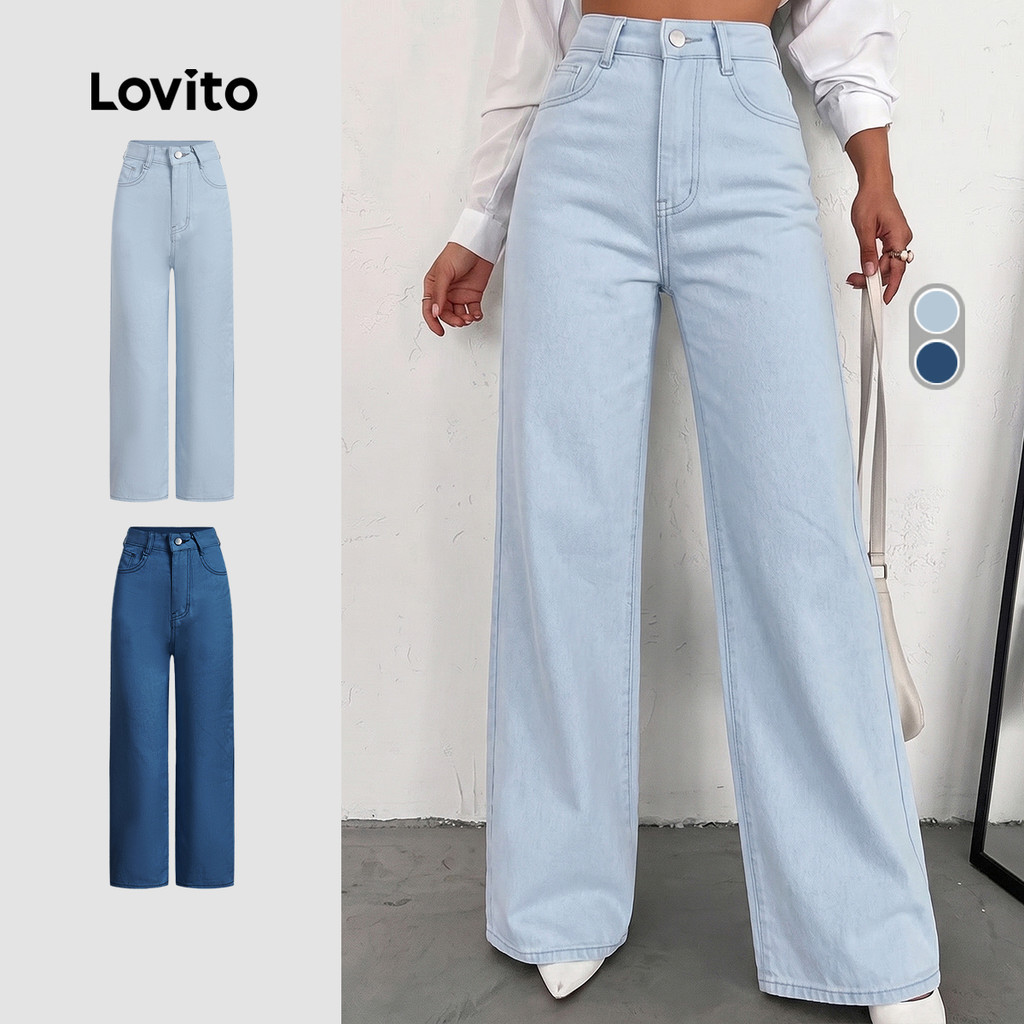Lovito Quần jean nữ màu xanh nhạt khóa kéo nút phong cách casual mùa thu/đông LNL148141