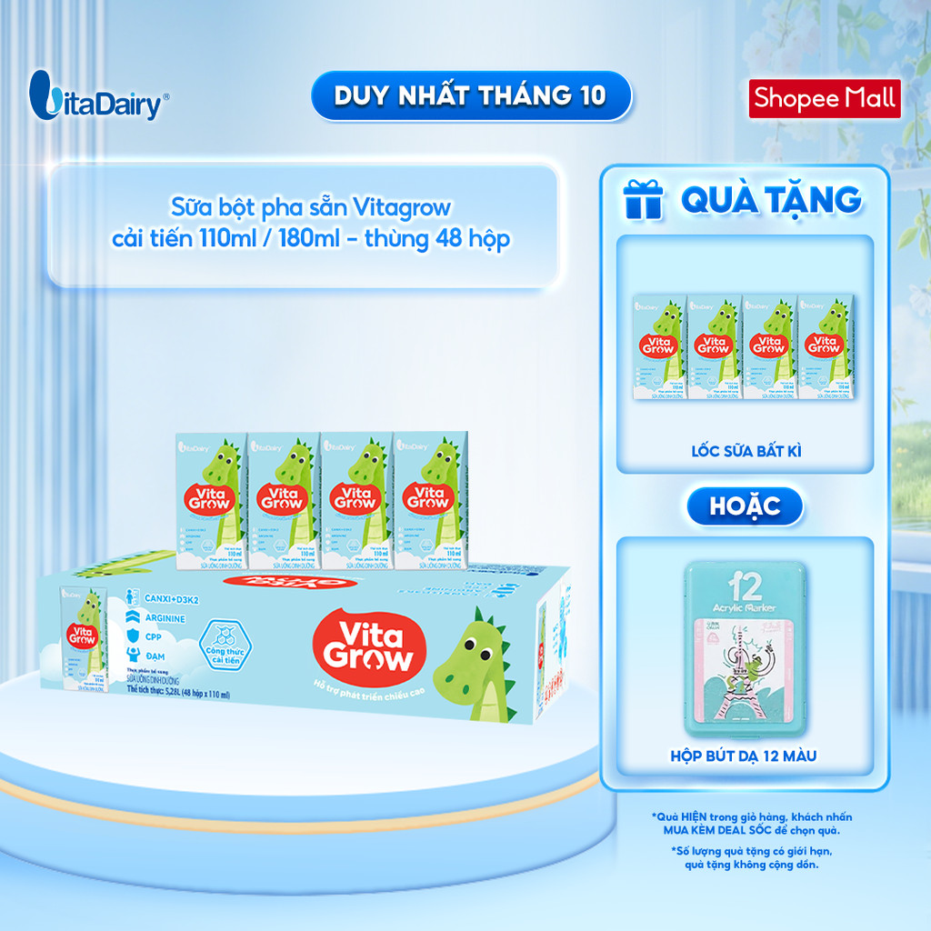[THÙNG 48 HỘP] Sữa uống dinh dưỡng Vitagrow cải tiến 110ml/180ml - Bổ sung năng lượng, Thơm ngon dễ uống