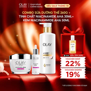 Combo Sữa dưỡng thể Sáng da Olay 260g + Tinh Chất Ngừa Lão Hóa Luminous Niacin & AHA 30ML + Kem dưỡng Niacin & AHA 50G