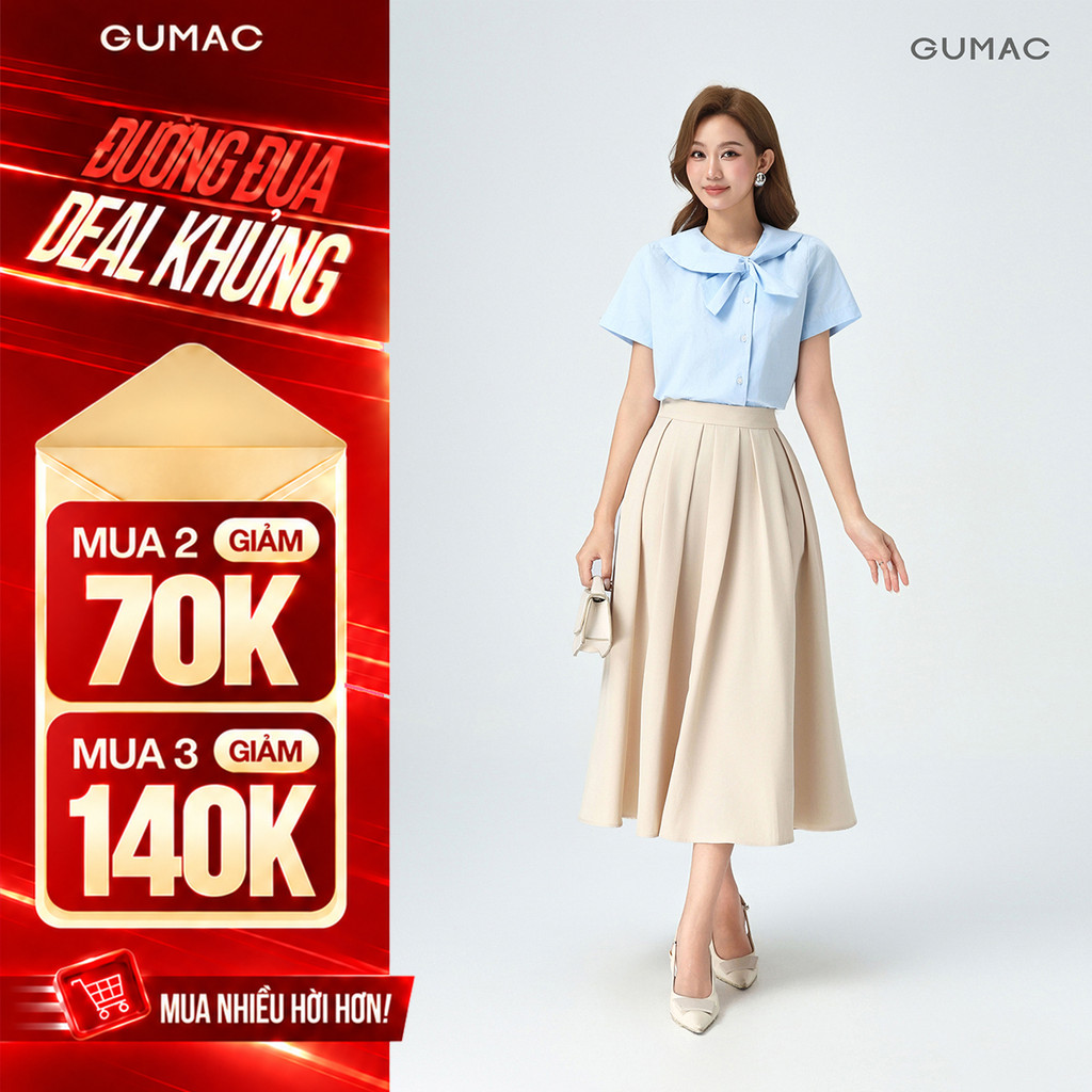 [VOUCHER 70K] Chân Váy Xếp Ly Dáng Dài GUMAC Chân Váy A Lưng Cao Có Túi Vải Cotton Lạnh Cao Cấp LVE1001