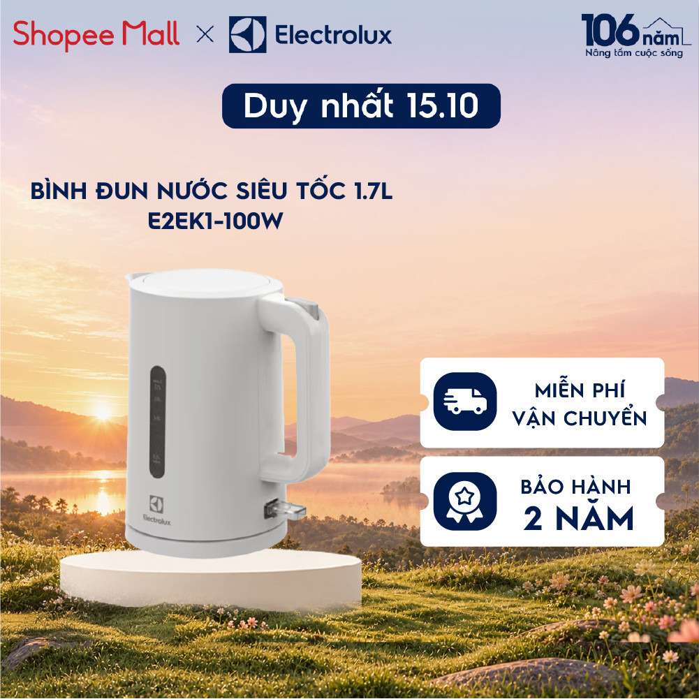 Bình đun siêu tốc 1.7L Electrolux E2EK1-100W - nhựa cao cấp, an toàn, BH 24 tháng
