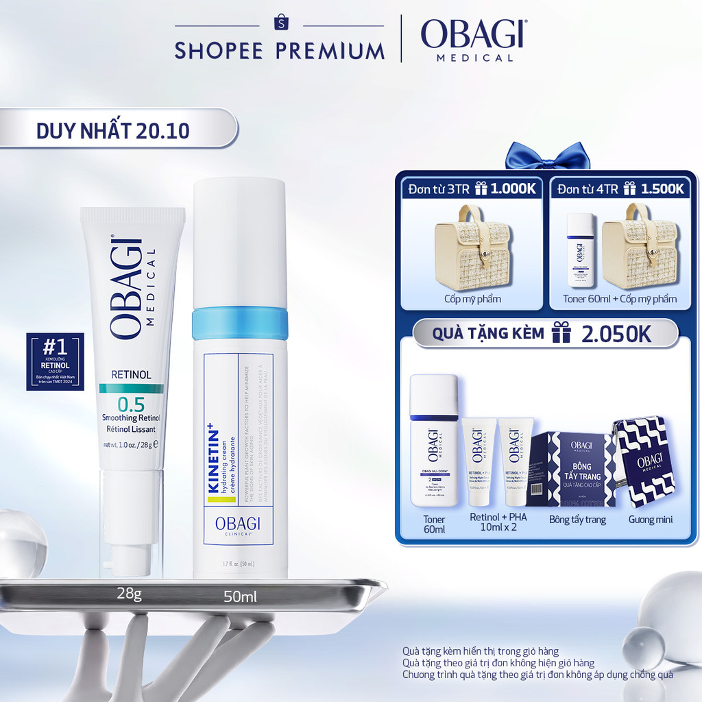 [PHIÊN BẢN MỚI] Bộ đôi Kem Dưỡng Đêm Obagi Retinol 0.5 (28g) và Kem dưỡng Clinical Kinetin+ Hydrating Cream 50ml