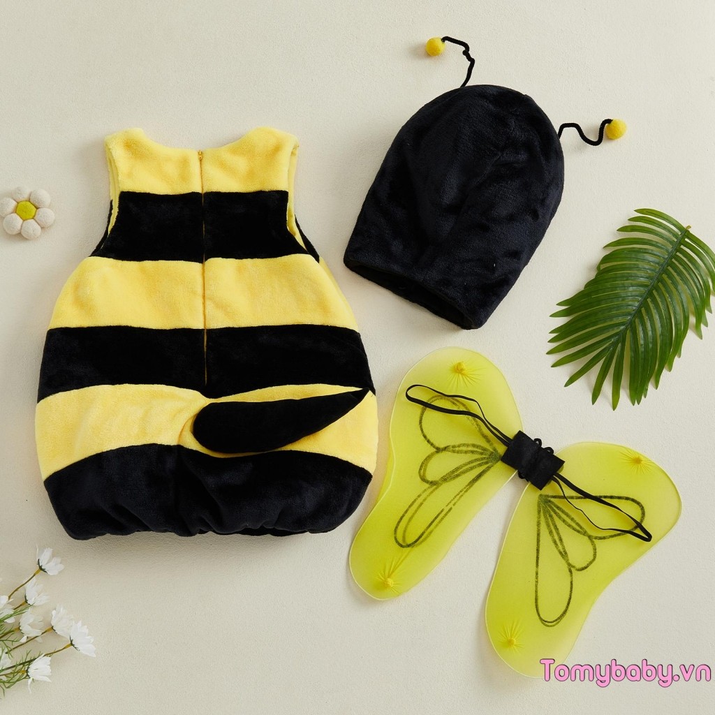 Trang phục ong trẻ em Bộ áo liền quần không tay cao cấp + Bộ cánh mũ trùm đầu cho bữa tiệc Halloween