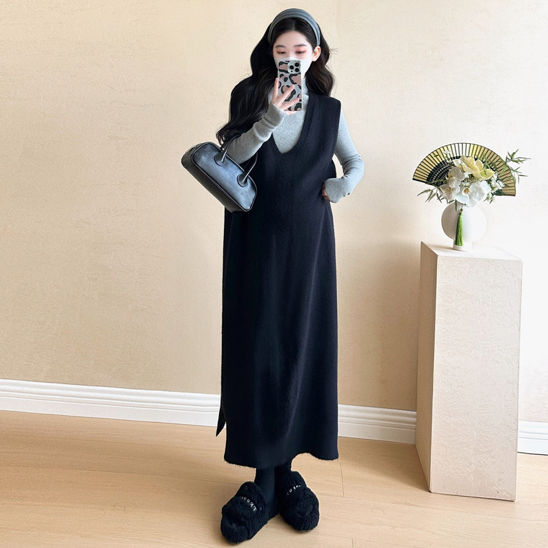 Bộ đồ bà bầu Áo len mùa thu đông Váy dệt kim dài đầu gối