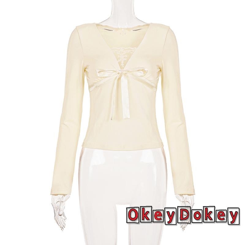 ODokey-Nữ Ren Chắp Vá Áo Nơ Trước Cổ Chữ V Tay Dài Slim Fit Áo