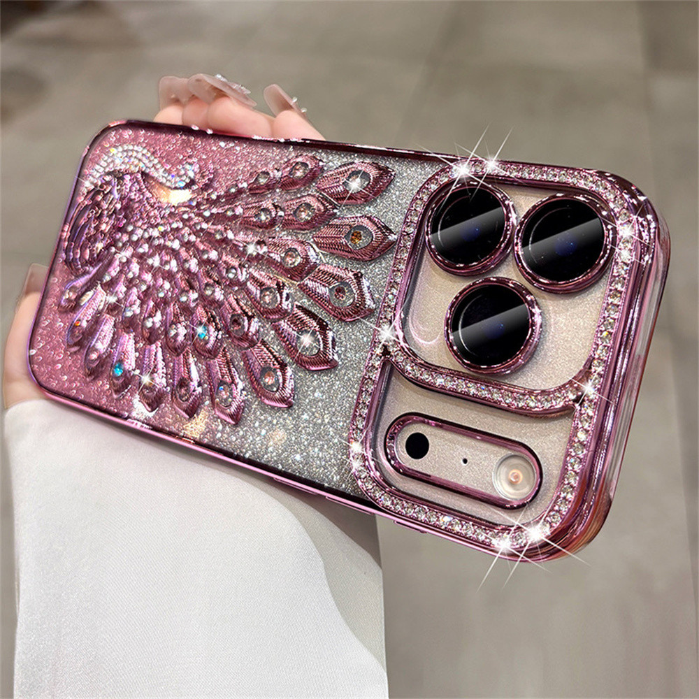 Ốp điện thoại hình con công 3D kim cương Flash sang trọng cho iPhone 17 Pro Max 16 13 14 15 Pro Max Air Phim bảo vệ gương chống rơi TPU mềm vỏ bảo vệ điện thoại