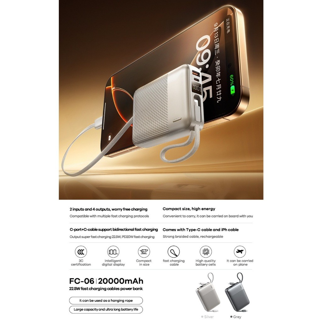 Cục tích điện REMAX FC-06 20000mAh USB-A / TypeC PD / TypeC cáp Out 22.5W, LN 12W - chứng nhận CCC