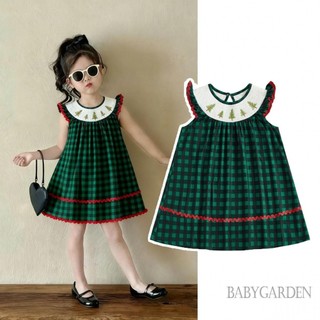 1-5 Tuổi Bé Gái Bé Gái Giáng Sinh Kẻ Sọc Đầm Hoạt Hình Cây Thêu Tay Bay Cổ Tròn Socked Chữ A