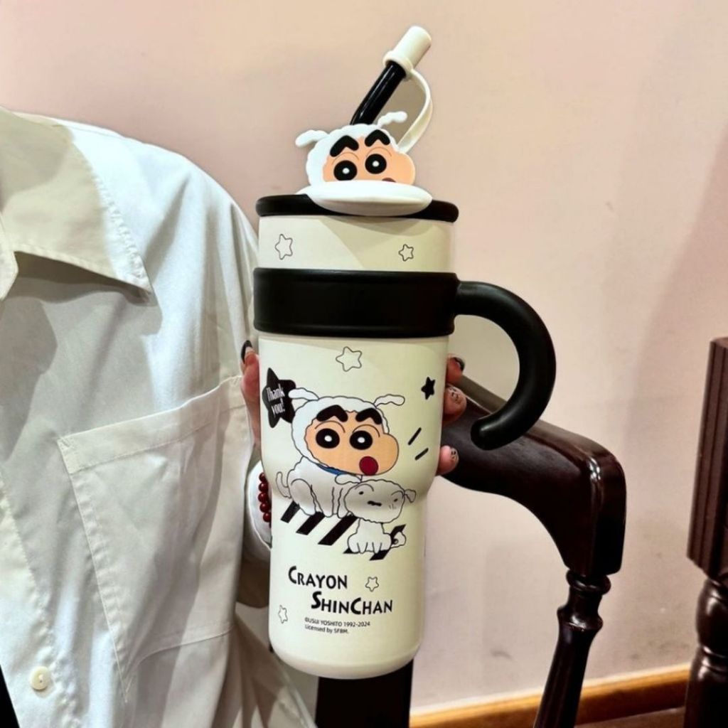 Cốc Giữ Nhiệt Cao Cấp Hoạt Hình Dễ Thương Crayon Shin-chan Inox 304, Có Nắp Và Tay Cầm