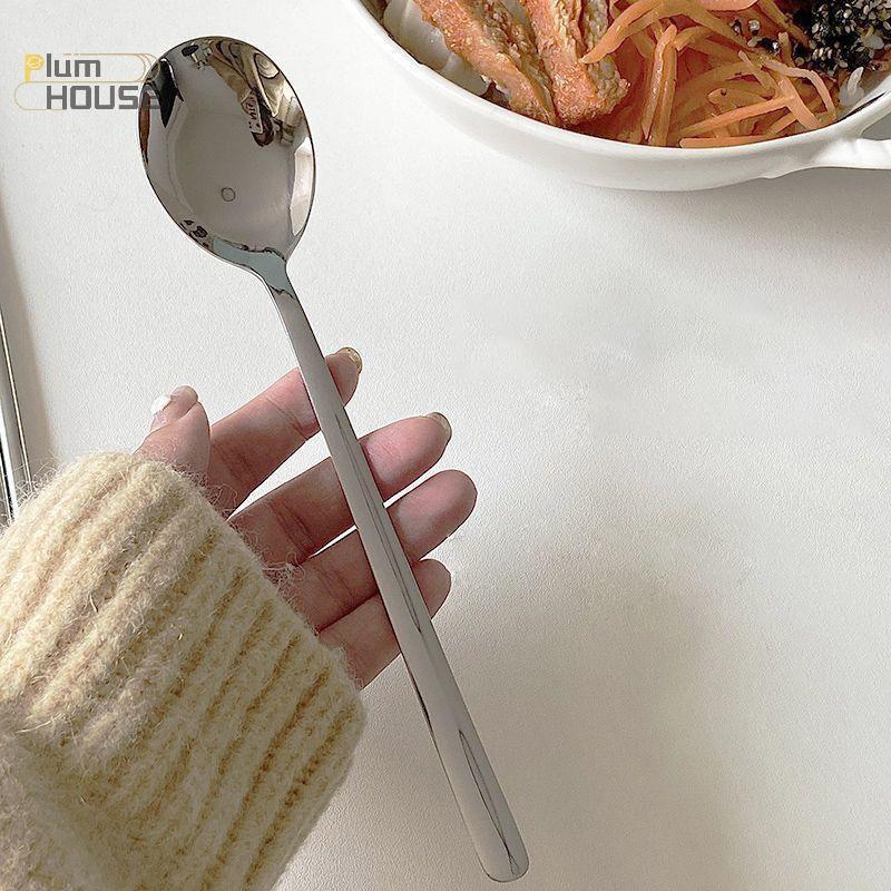 PlumHOUSE Thép không gỉ Thìa Tròn Lớn Lưới Đỏ Vàng Bữa Tối Tay Cầm Dài Khuấy Thìa Tráng Miệng Cho Phụ Kiện Nhà Bếp Tiện Ích VN