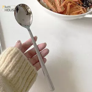 PlumHOUSE Thép không gỉ Thìa Tròn Lớn Lưới Đỏ Vàng Bữa Tối Tay Cầm Dài Khuấy Thìa Tráng Miệng Cho Phụ Kiện Nhà Bếp Tiện Ích VN