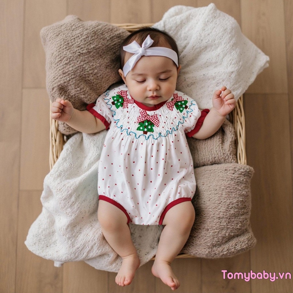 Bé Gái Mùa Hè Áo Liền Quần Chấm Cây Giáng Sinh Thêu Co Giãn Cổ Tròn Xù Tay Ngắn Jumpsuit