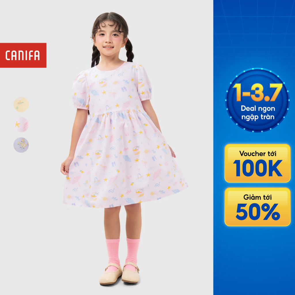 Váy liền bé gái CANIFA đầm babydoll cộc tay chất liệu cotton thoáng mát 1DS26S005