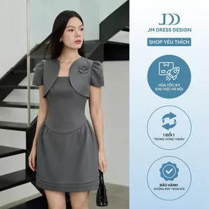 Đầm Thu Đông Nhún Chân Bấu Mí, Giả Áo Vạt Cong 1F41.2511, Đầm Dáng A Mini Thiết Kế Cổ Vuông Tay Phồng Trẻ Trung By JM