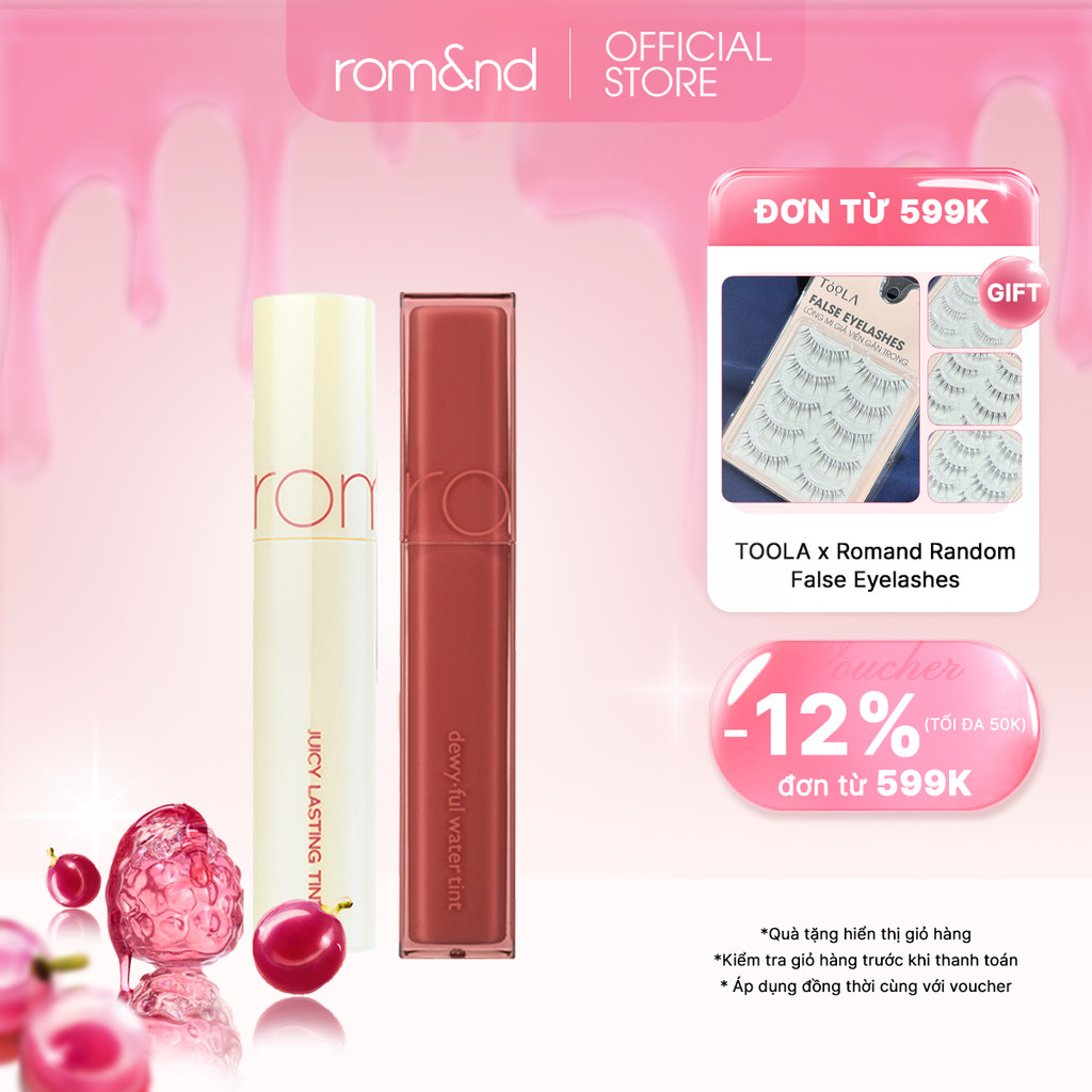 Combo Son Tint bóng lì Hàn Quốc Romand Juicy Lasting Tint 5.5g + Son tint bóng, siêu lì Romand Dewyful Water Tint 5g