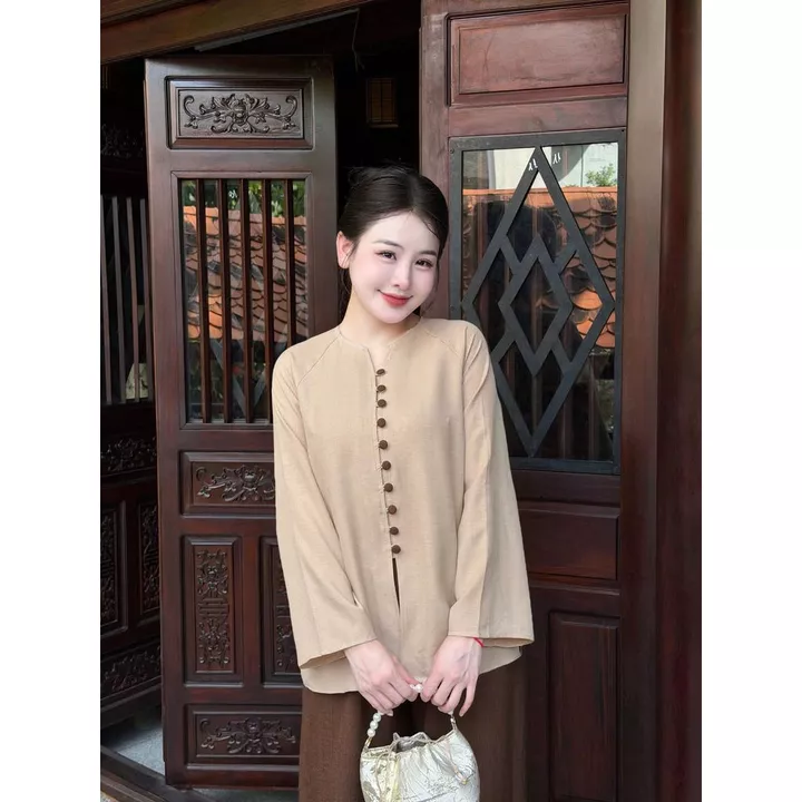 Bộ Áo Bà Ba Vải Đũi Xước Phom Truyền Thống – Pháp Phục Đi Chùa Bà Ba Phối Màu B117