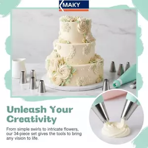 MAKY 34 Chiếc Có Thể Tái Sử Dụng Bánh Đường Ống Bộ Icing Vòi Phun Bánh Ngọt Túi Cạp Bộ Cho Gia Đình Nhà Bếp Nướng DIY Trang Trí Tiệc VN