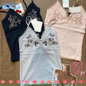 Áo ba lỗ cổ chữ V EBINLANDS, Áo hai dây ren không tay thêu hoa, Áo hai dây co giãn Slim Fit phong cách Hàn Quốc cho bé gái thời trang