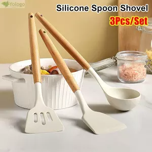 YOLOGO 3 Cái / bộ Dụng Cụ Nướng Thìa Nấu Ăn, Xẻng Thìa Silicon Chịu Nhiệt Chống Dính, Dụng Cụ Nhà Bếp Màu Be Chống Trơn Trượt Dụng Cụ Nấu Bánh Chảo Chiên