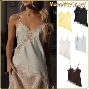 Áo chắp vá ren MONOSTYLE, Áo không tay ren bất đối xứng, Áo hai dây cổ chữ V hở lưng gợi cảm hợp thời trang Trang phục mùa hè