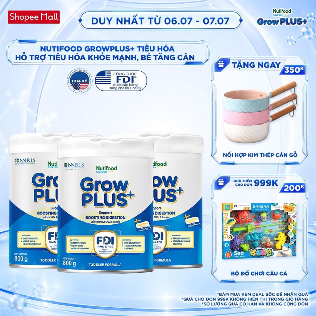Combo 3 Sữa bột Nutifood Sweden GrowPLUS+ Tiêu Hóa (Xanh Nhạt) 1+ - Tiêu hóa khỏe, tăng cân (Lon 800g)