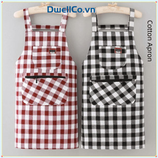 Tạp dề làm việc đầu bếp DWELLCO, Tạp dề nhà bếp có khóa kéo in hình ca rô, Tạp dề nấu ăn bằng vải Cotton thời trang chống bẩn Vệ sinh gia đình
