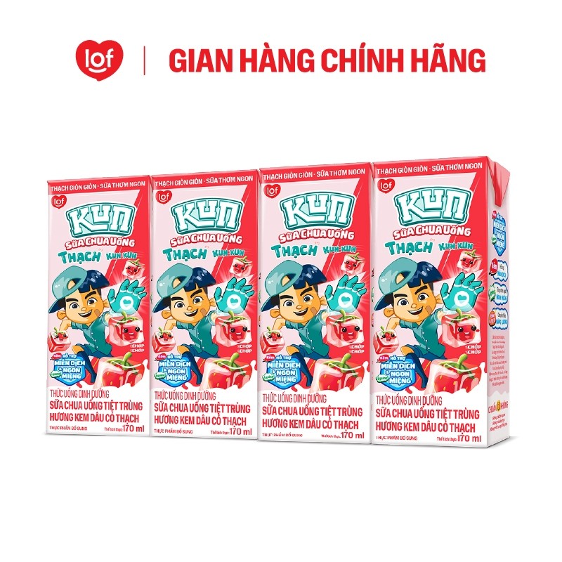 Kun Sữa chua uống hương Kem Dâu có Thạch thùng 48 hộp x 170ml