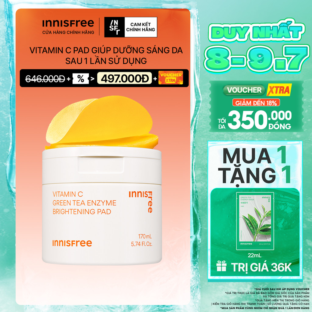 Vitamin C Pad dưỡng sáng da 60 miếng innisfree Vitamin C Pad Green Tea Enzyme