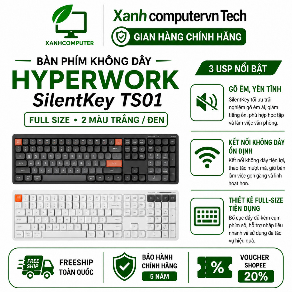 Bàn Phím Không Dây HyperWork 𝗦𝗶𝗹𝗲𝗻𝘁𝗞𝗲𝘆 TS01 | Hàng Chính Hãng | BigBuy360 - bigbuy360.vn