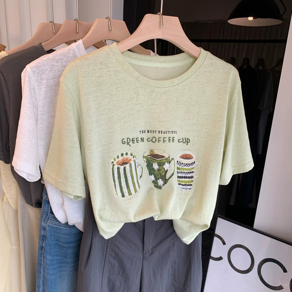 Áo thun nữ thêu chữ Cotton cổ tròn tay ngắn phiên bản vừa vặn