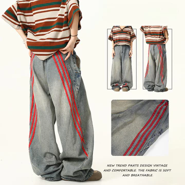 Dây Co Giãn Mỹ Retro Quần Rời Nhẹ Xanh Sọc Quần Jean Ống Rộng Quần Nam Quần Jean Rời Quần Jean Nam Dạo Phố Quần Giặt Quần Jean Retro Đảng Quần
