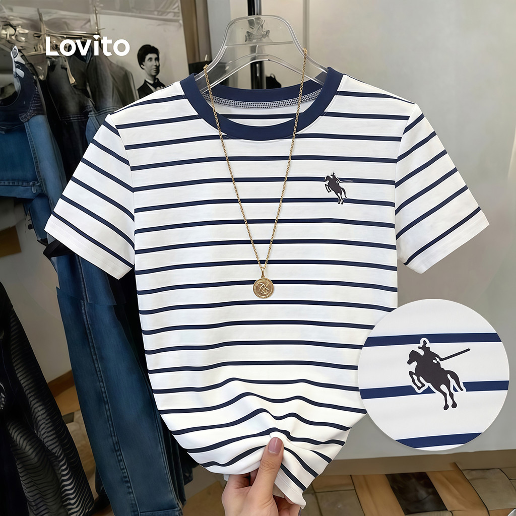 (New Arrival) Lovito Áo thun nữ trắng mùa Xuân/Hè in họa tiết đường nét thanh lịch TSK8P2D1083